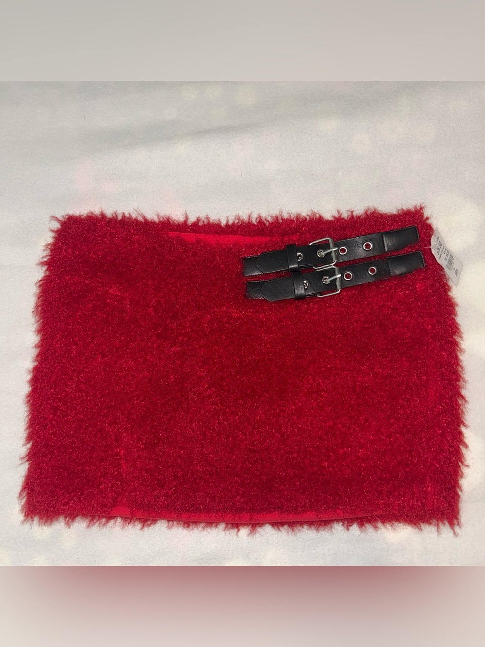 Fuzzy Soft Bright Red Mini Skirt with Black Belt